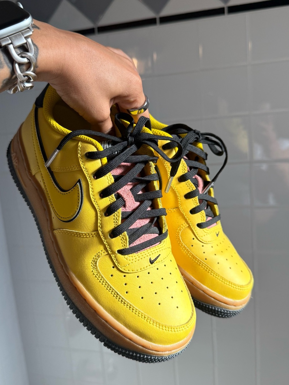 Nike AF1 Yellow Low-Top Sneakers with Black Laces and Pink Tongue